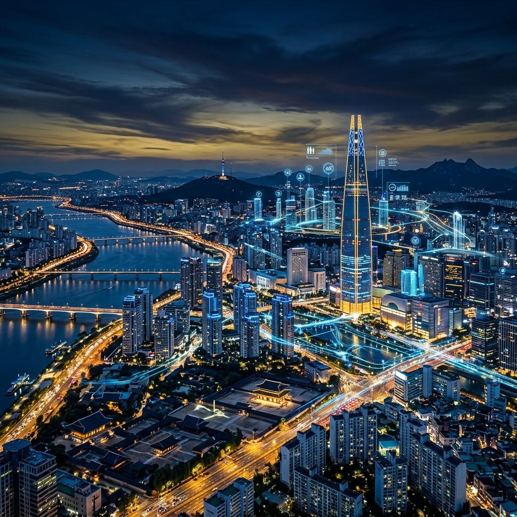 Vista aérea de Seul, Coreia do Sul, com tecnologia smart city e mercado imobiliário do futuro
